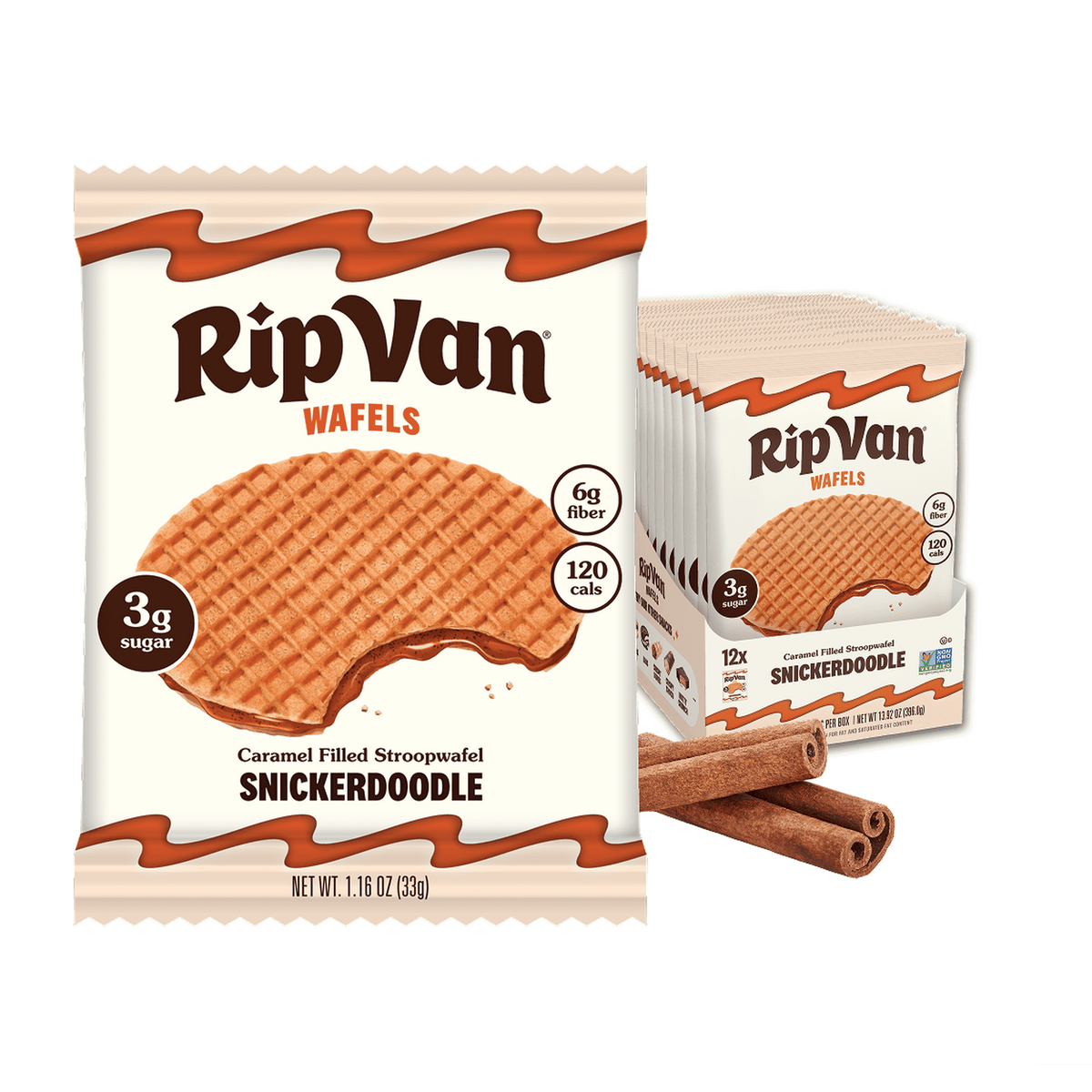 A package of RipVan Snickerdoodle Wafels features a caramel-filled stroopwafel with a bite taken out, alongside a box containing multiple wafels and cinnamon sticks.