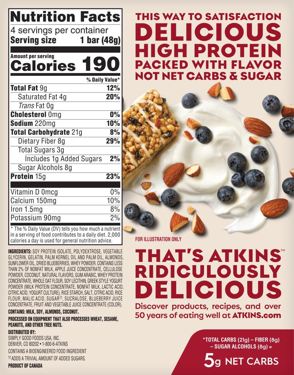 Atkins Nutritionals High Protein Bars - Blueberry Greek Yogurt (4 Bars) One Box