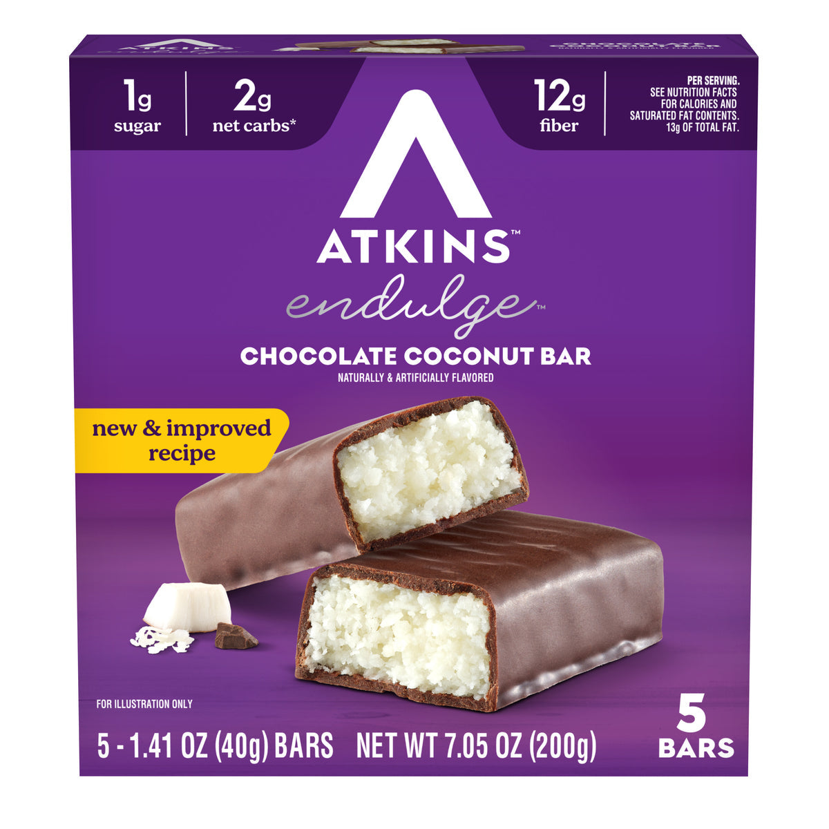 Front package of Atkins Nutritionals Endulge Candy Bars, Chocolate Coconut Bar, 5 bars