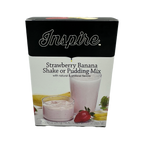 A box of Inspire Strawberry Banana Shake or Pudding Mix features a glass of pink shake and a bowl of pudding, with strawberries and bananas visible, highlighting its natural and artificial flavors.