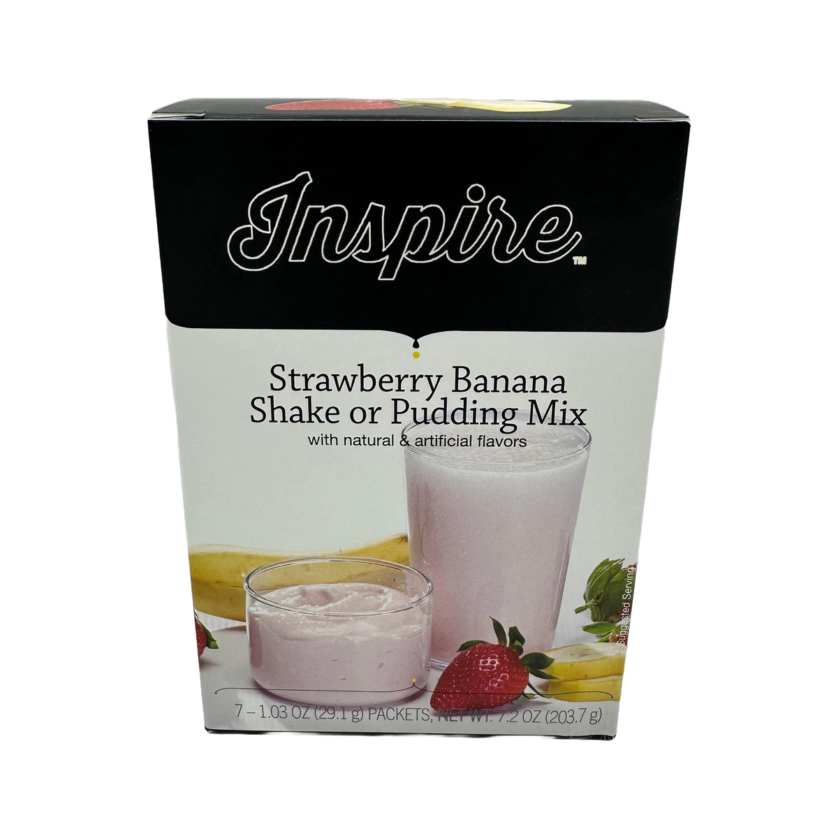 A box of Inspire Strawberry Banana Shake or Pudding Mix features a glass of pink shake and a bowl of pudding, with strawberries and bananas visible, highlighting its natural and artificial flavors.