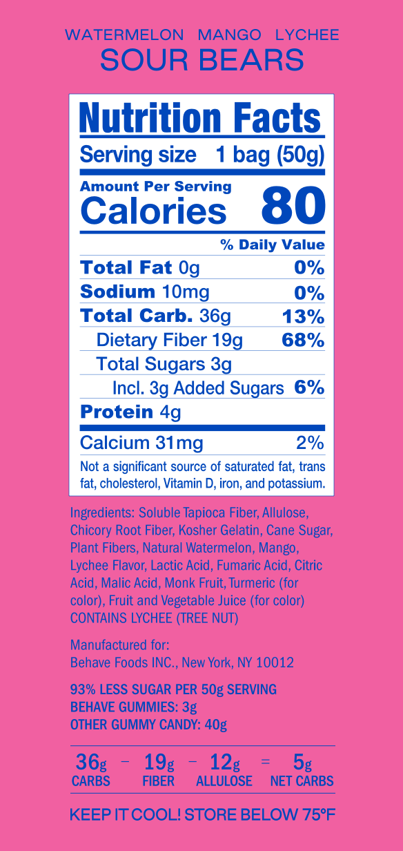 Sweet + Sour Bears and Stars by Behave - Watermelon Mango Lychee Sour Bears, One Bag