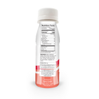 A bottle of protein drink is shown from the back, displaying the nutrition facts, ingredients, and distribution details, with a white cap and a pink label at the bottom.