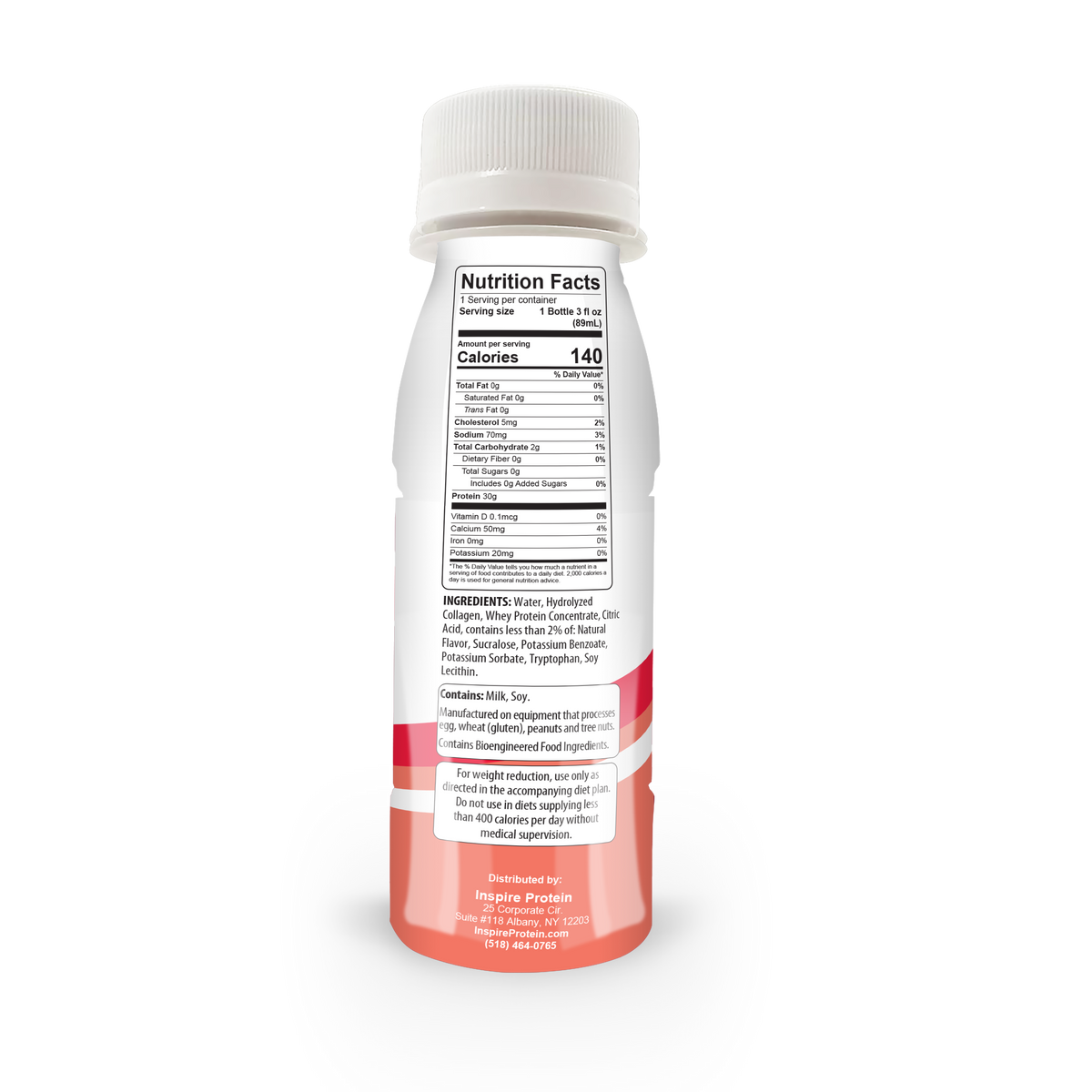 A bottle of protein drink is shown from the back, displaying the nutrition facts, ingredients, and distribution details, with a white cap and a pink label at the bottom.