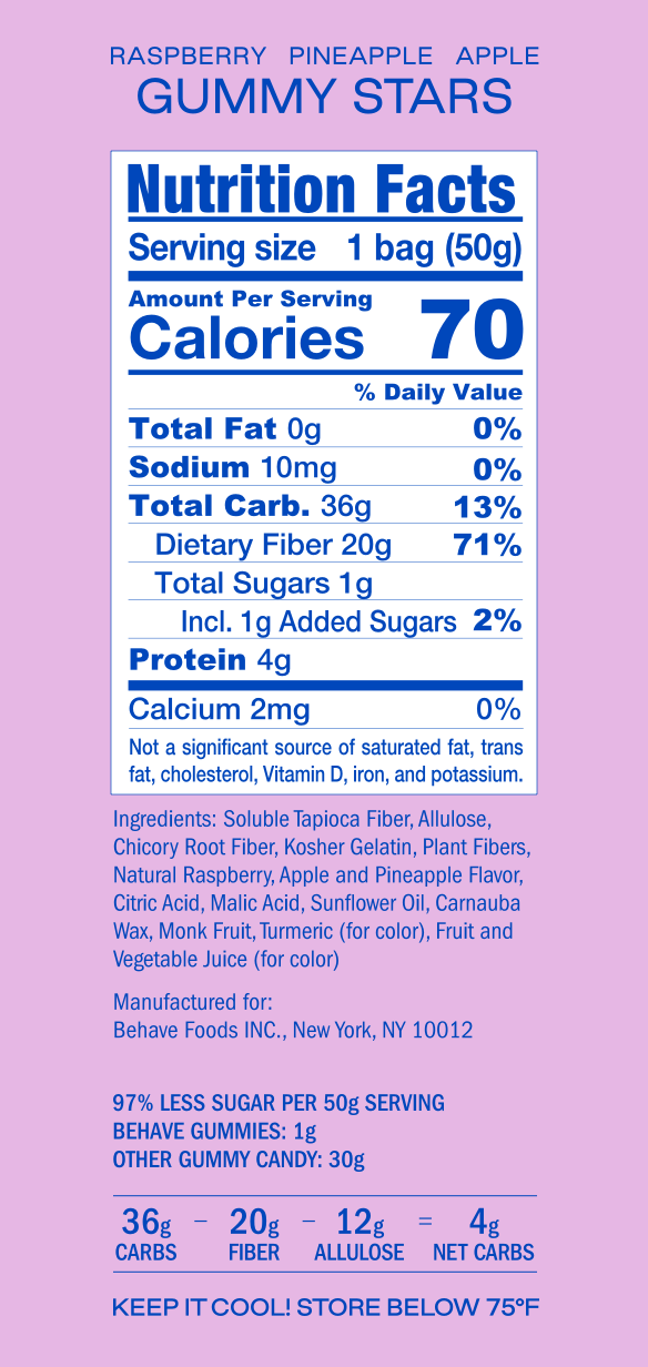 Sweet + Sour Bears and Stars by Behave - Raspberry Apple Pineapple Gummy Stars, One Bag