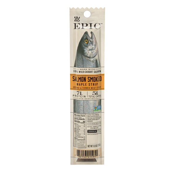 A packaged strip of EPIC Salmon Smoked Maple, featuring a fish graphic, highlights its 100% wild-caught salmon ingredients, with nutritional information and a focus on protein content.