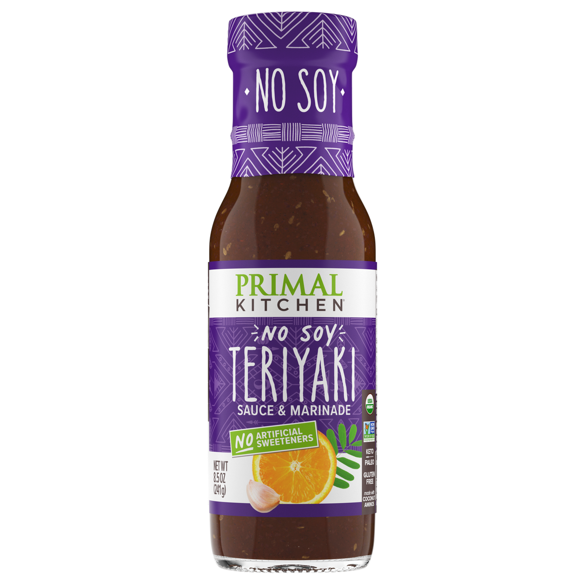 A bottle of Primal Kitchen No Soy Teriyaki Sauce and Marinade features a purple label with white text, highlighting its soy-free and no artificial sweeteners attributes, alongside an orange and garlic illustration.
