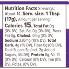 Nutrition facts label detailing servings, serving size, and nutritional content including calories, fats, sodium, carbohydrates, sugars, and protein for an unspecified food product.