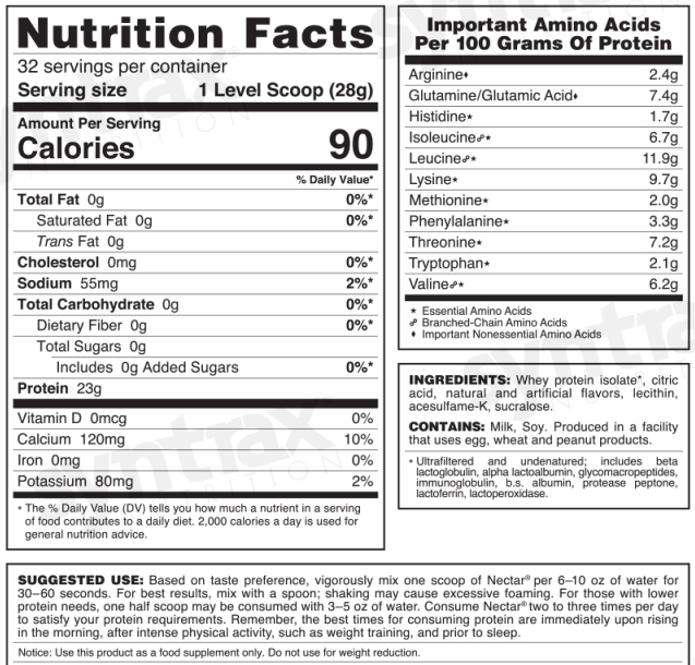 A detailed nutrition facts label lists serving size, calories, protein content, and essential amino acids, along with ingredients and suggested use for a protein supplement.