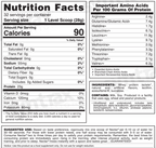 Nutrition facts label detailing serving size, calories, protein content, and essential amino acids for a whey protein isolate product, with suggested usage instructions and ingredient information.