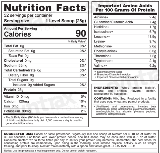 Nutrition facts label detailing serving size, calories, protein content, and essential amino acids for a whey protein isolate product, with suggested usage instructions and ingredient information.