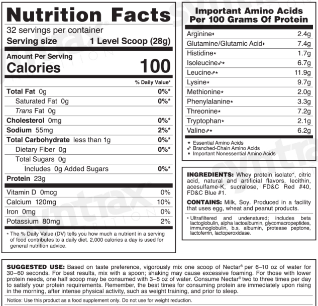Nutrition facts label detailing servings, calories, protein content, and essential amino acids for a protein supplement, including ingredients and suggested usage instructions.