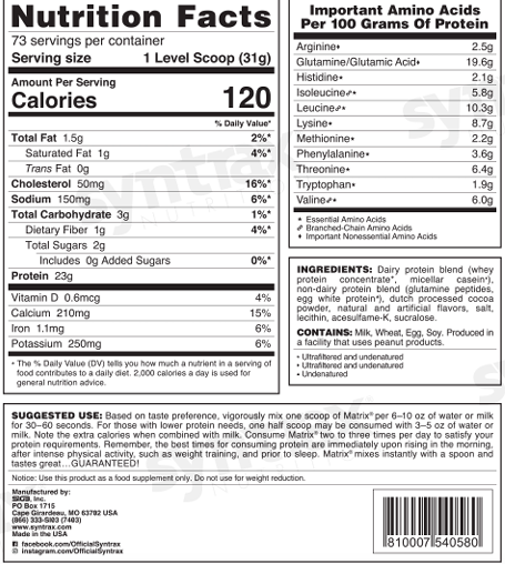 Syntrax Matrix Sustained-Release Protein Blend - Perfect Chocolate 5LB Bag