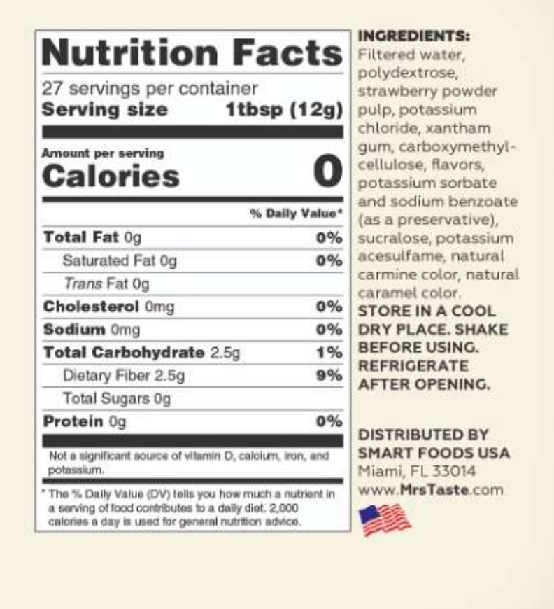 Mrs Taste Zero Calorie Syrup - Strawberry 11 oz