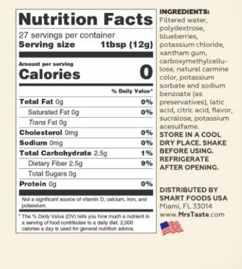 Mrs Taste Zero Calorie Syrup - Blueberry 11 oz