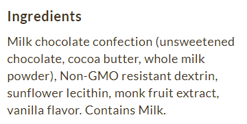 Package information for ChocZero No Sugar Added Milk Chocolate Baking Chips 20 oz
