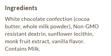 Package information for ChocZero No Sugar Added White Chocolate Baking Chips 20 oz
