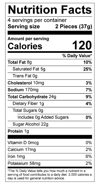 A nutrition facts label displays detailed information about a food product, including serving size, calories, fats, carbohydrates, sugars, protein, and vitamins per serving.