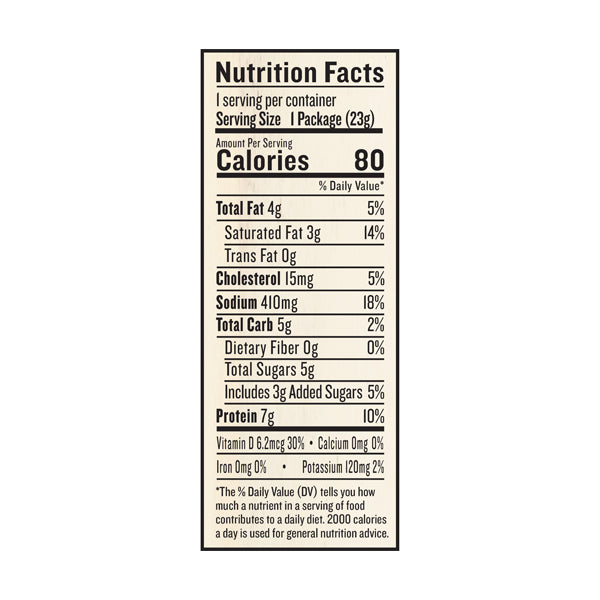 Nutrition facts label displaying serving size, calories, and detailed breakdown of fats, cholesterol, sodium, carbohydrates, sugars, and protein for a food product.