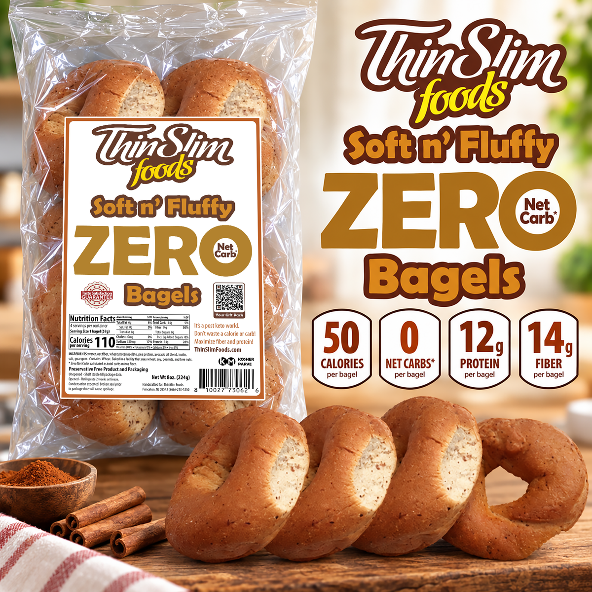 ThinSlim Foods Soft ’n Fluffy Zero Net Carb Bagels.