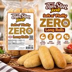 ThinSlim Foods Soft n’ Fluffy Zero Net Carb Long Rolls with 110 calories and 14 grams of protein per roll. Four rolls per package.