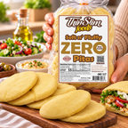 ThinSlim Foods Soft n’ Fluffy Zero Net Carb Pitas with 7 grams of protein, 7 grams of fiber and 55 calories per pita. Five pitas per package.