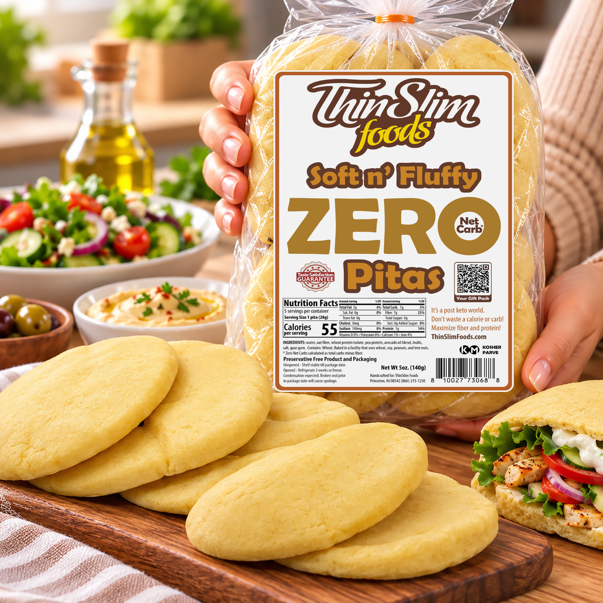 ThinSlim Foods Soft n’ Fluffy Zero Net Carb Pitas with 7 grams of protein, 7 grams of fiber and 55 calories per pita. Five pitas per package.