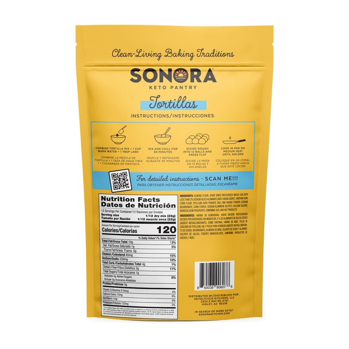 Back of Sonora Keto Pantry Low Carb Tortilla Mix packaging