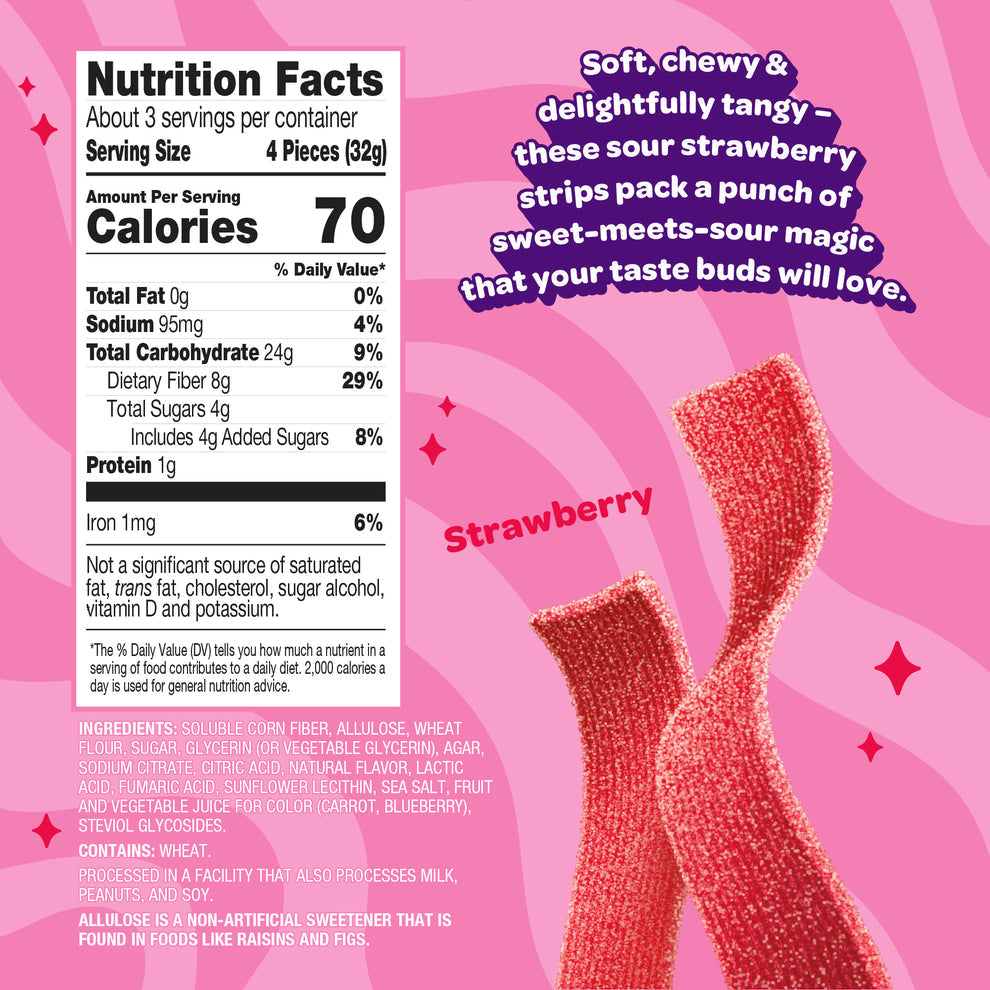 A vibrant pink background features a close-up of sour strawberry strips, with bold text highlighting their soft, chewy texture and tangy flavor, alongside detailed nutrition facts.