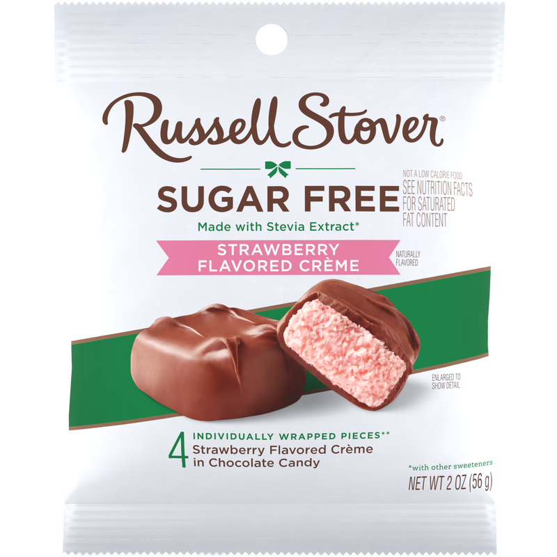 Front package of Russell Stover Sugar Free Peg Bag Candy, Strawberry Flavored Creme (2.0 oz) / One Bag