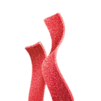 Two vibrant, textured red ribbons twist together against a black background, showcasing their soft, shimmering surface and playful movement.