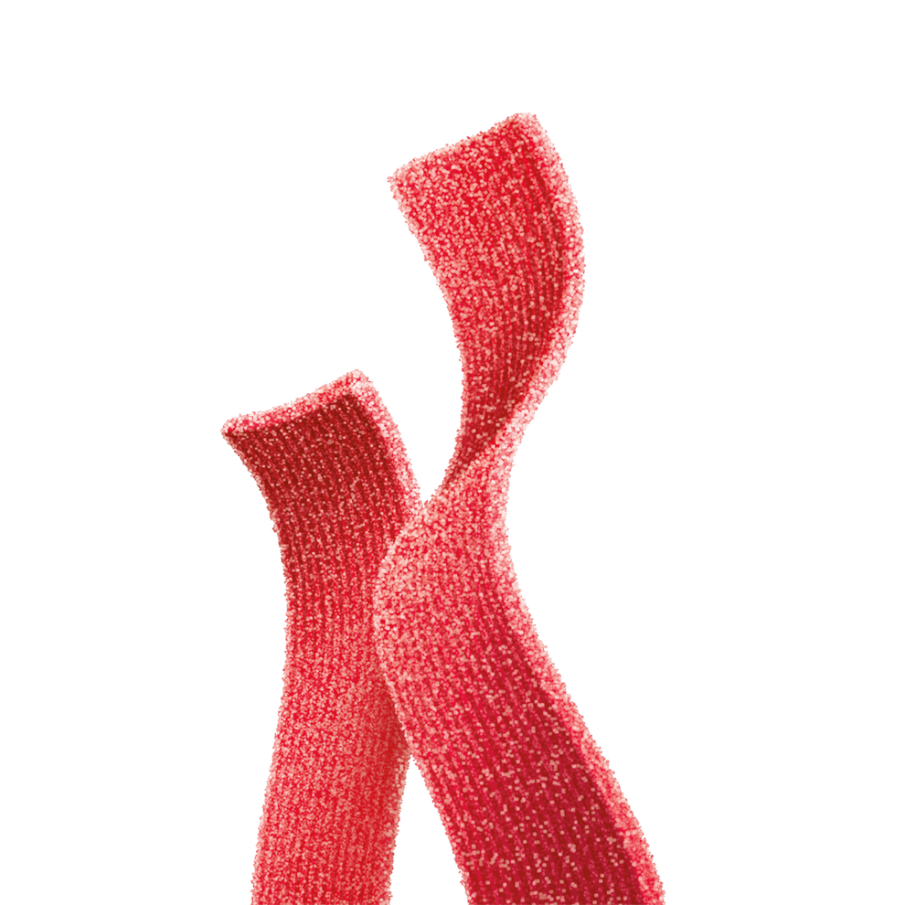Two vibrant, textured red ribbons twist together against a black background, showcasing their soft, shimmering surface and playful movement.