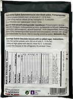 A black package of Sukrin Chocolate Mousse, featuring instructions and nutritional information in Norwegian and English, indicating it serves four and contains no added sugar.