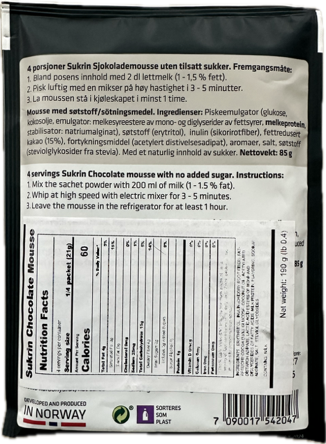 A black package of Sukrin Chocolate Mousse, featuring instructions and nutritional information in Norwegian and English, indicating it serves four and contains no added sugar.