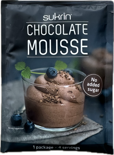 A package of Sukrin chocolate mousse is displayed, featuring a glass dessert topped with blueberries and chocolate shavings, with a label indicating "No added sugar" and serving details.