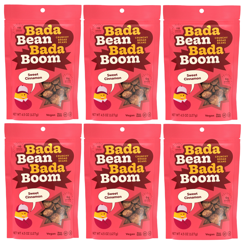 Bada Bean Bada Boom Crunchy Broad Beans - Sweet Cinnamon, Six Bags (4.5 oz each)