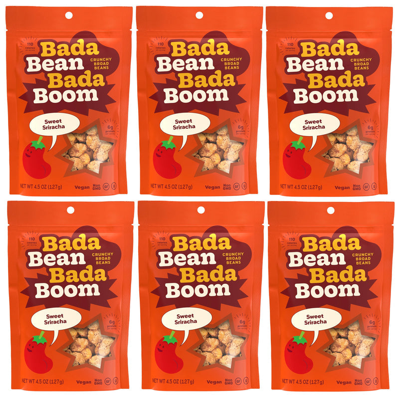 Bada Bean Bada Boom Crunchy Broad Beans - Sweet Sriracha, Six Bags (4.5 oz each)