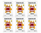 Six bags of Snacklins Teriyaki Plant Crisps are arranged in two rows, each featuring a cartoonish mouth design, highlighting the product's fun branding and flavor.