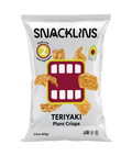 A bag of Snacklins Teriyaki Plant Crisps features a playful design with crispy snacks and highlights that it is made with real vegetables and cooked in avocado oil.