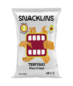 A bag of Snacklins Teriyaki Plant Crisps features a playful design with crispy snacks and highlights that it is made with real vegetables and cooked in avocado oil.