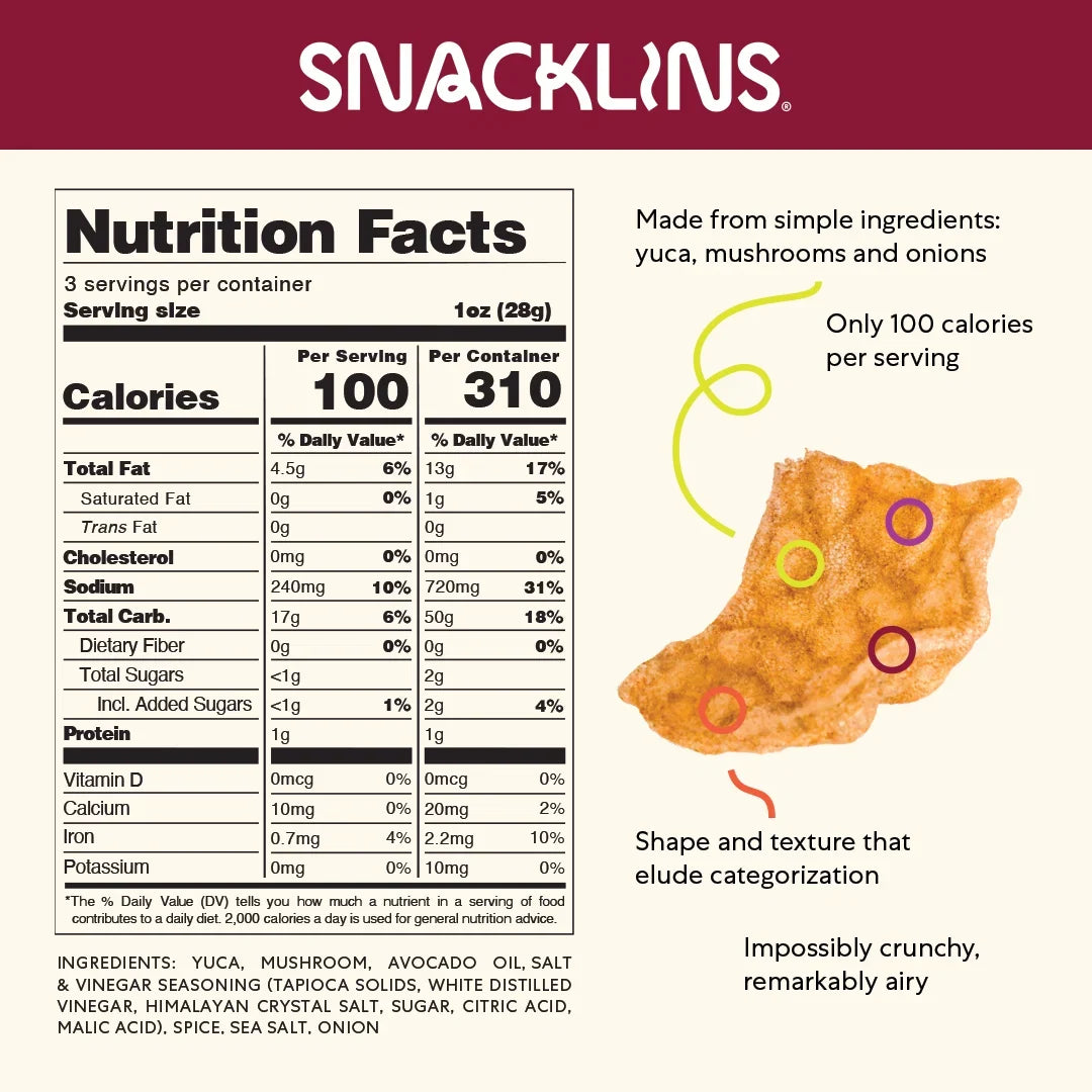 Nutrition facts for Snacklins, featuring a crunchy, airy snack made from yuca, mushrooms, and onions, highlighting its low calorie count of 100 per serving and simple ingredients.