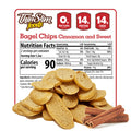 ThinSlim Foods Cinnamon and Sweet Bagel Chips label behind bagel chips and cinnamon sticks.