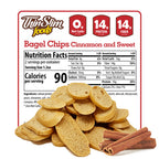 ThinSlim Foods Cinnamon and Sweet Bagel Chips label behind bagel chips and cinnamon sticks.