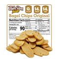 ThinSlim Foods Original Bagel Chips label behind a pile of bagel chips.