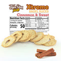 ThinSlim Foods Xtreme Cinnamon and Sweet Bagel Slices label above bagel slices and cinnamon sticks.