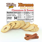 ThinSlim Foods Xtreme Cinnamon and Sweet Bagel Slices label above bagel slices and cinnamon sticks.