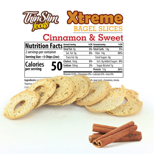 ThinSlim Foods Xtreme Cinnamon and Sweet Bagel Slices label above bagel slices and cinnamon sticks.