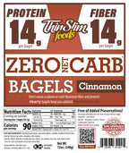 ThinSlim Foods Zero Net Carb Cinnamon Bagels package label with Nutrition Facts, ingredients, and storage instructions.