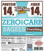 ThinSlim Foods Zero Net Carb Everything Bagels package label with Nutrition Facts, ingredients, and storage instructions.
