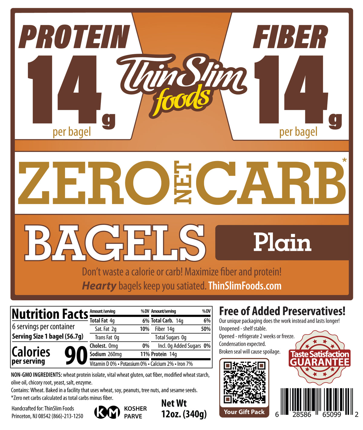 ThinSlim Foods Zero Net Carb Plain Bagels package label with Nutrition Facts, ingredients, and storage instructions.